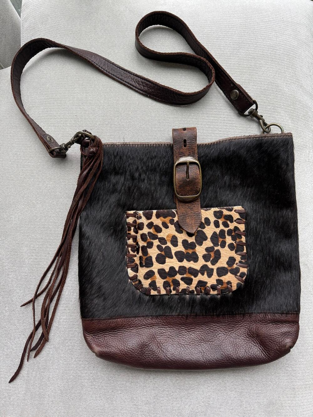 Two Bar West Leopard Cheetah Print Leather Purse Bag Tote Buckle Texas McFadin
